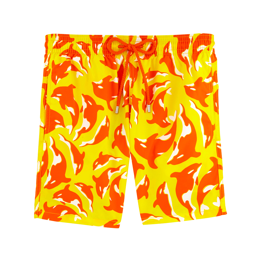 Men's Bright Yellow Orange Dolphin Print Swim Trunks Quick Dry Beach Shorts Elastic Waist Drawstring Boardshorts Summer Swimming Trunks for Vac
