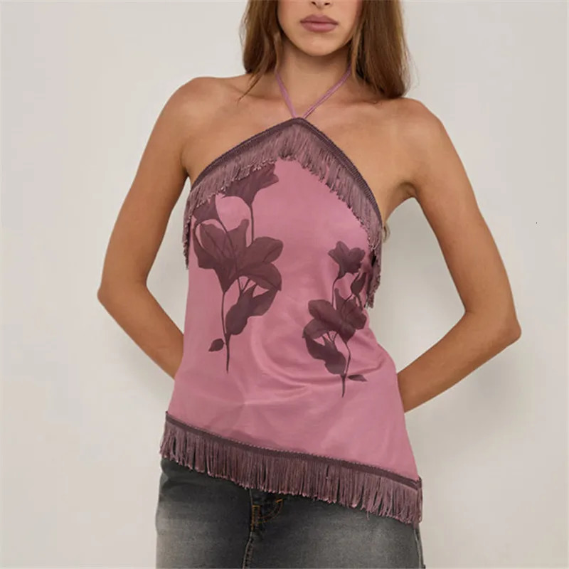 Womens Boho Halter Neck Fringe Trim Top Floral Print Backless Tie Back Sleeveless Asymmetrical Hem Summer Beachwear Streetwear 260623