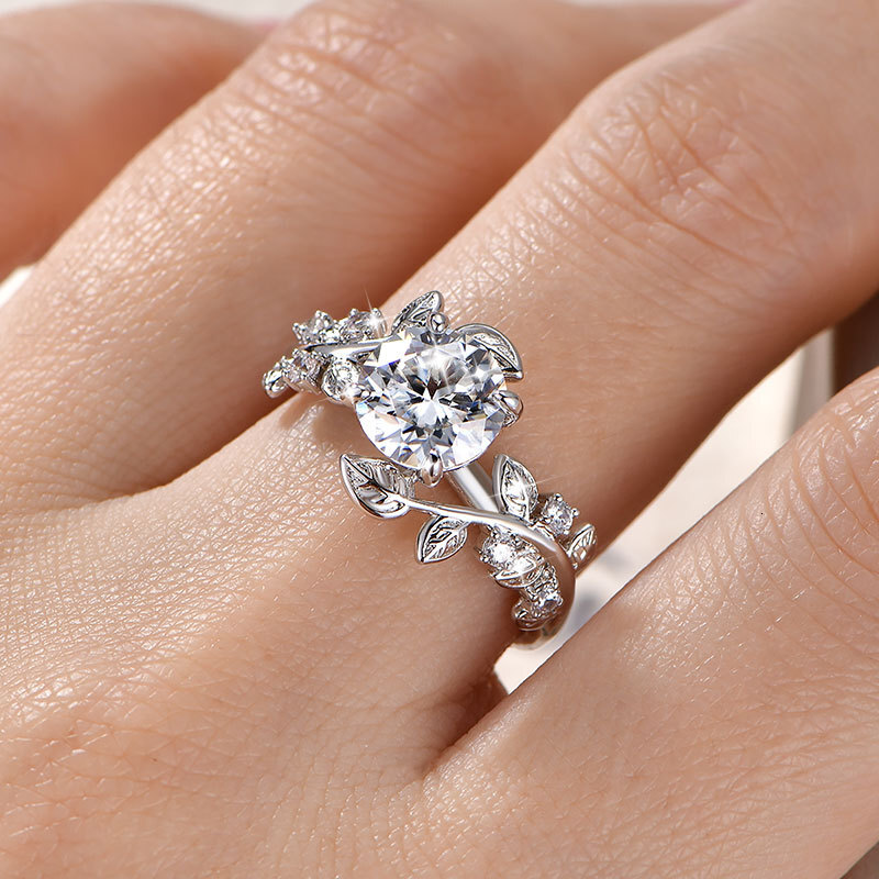 Moissanite Wedding and Engagement Anniversary Gift Vine shaped Round Moissanite Ring, 2 Carats, Small and High end Luxury Electroplated K Gold Ring