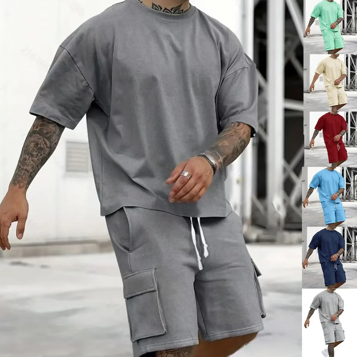 Loose Mens TShirt And Workwear Shorts Casual Sportswear Set Summer TwoPiece Suit Comfortable Breathable Outfit 260624