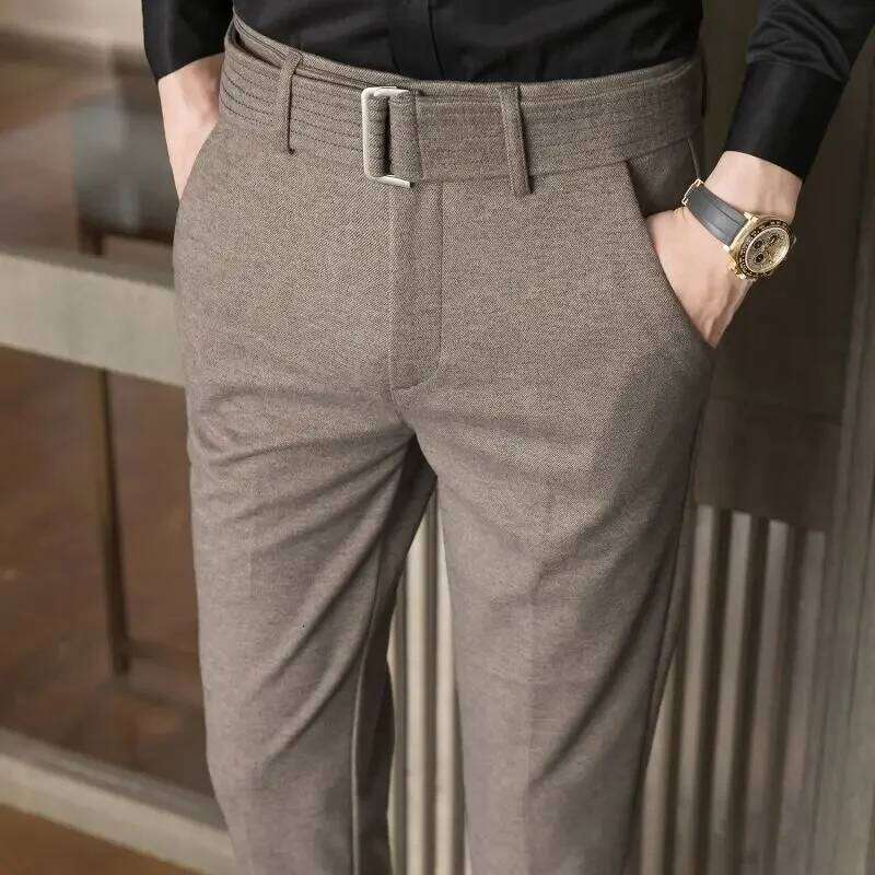 Straight Slim Fit Tressed Male Suit Trousers Social Tailoring Men's Summer Pants Stretch Business Elastic Clothing Promotion Hot W260624