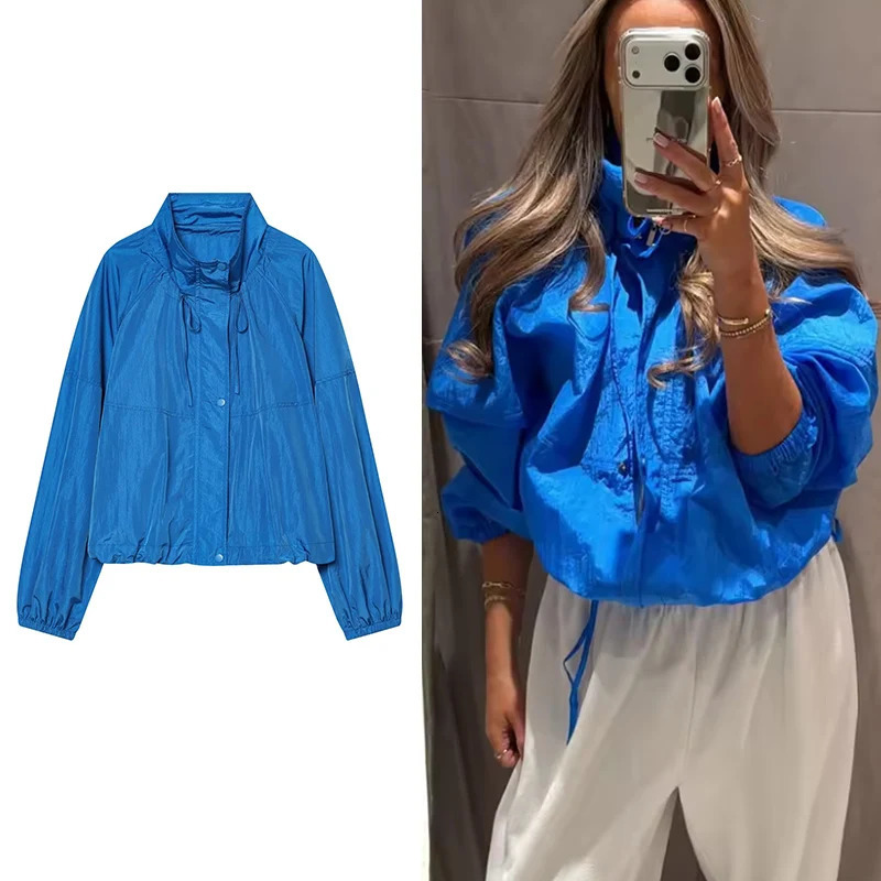 Womens Jacket 2026 Blue Pleated for Women Summer Loose Ladies Casaul Chic Oversize Outerwear 260624