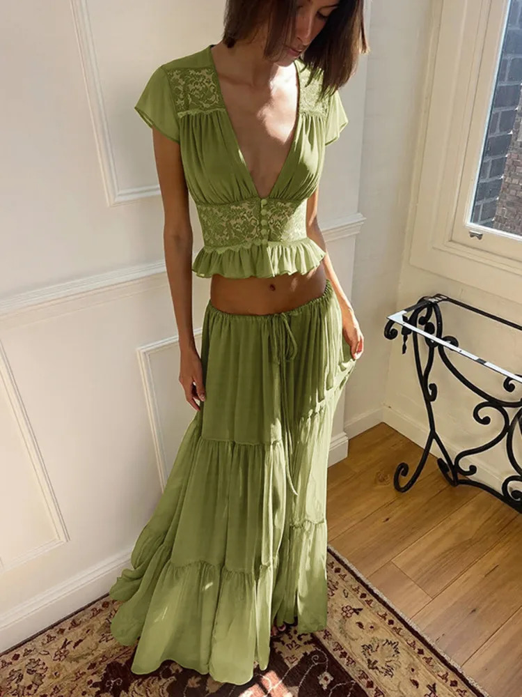 Mozision Elegant Chiffon Two Piece Set Women V Neck Short Sleeve Crop Top Maxi Skirt Matching Sets Female Club Party Dress 260623