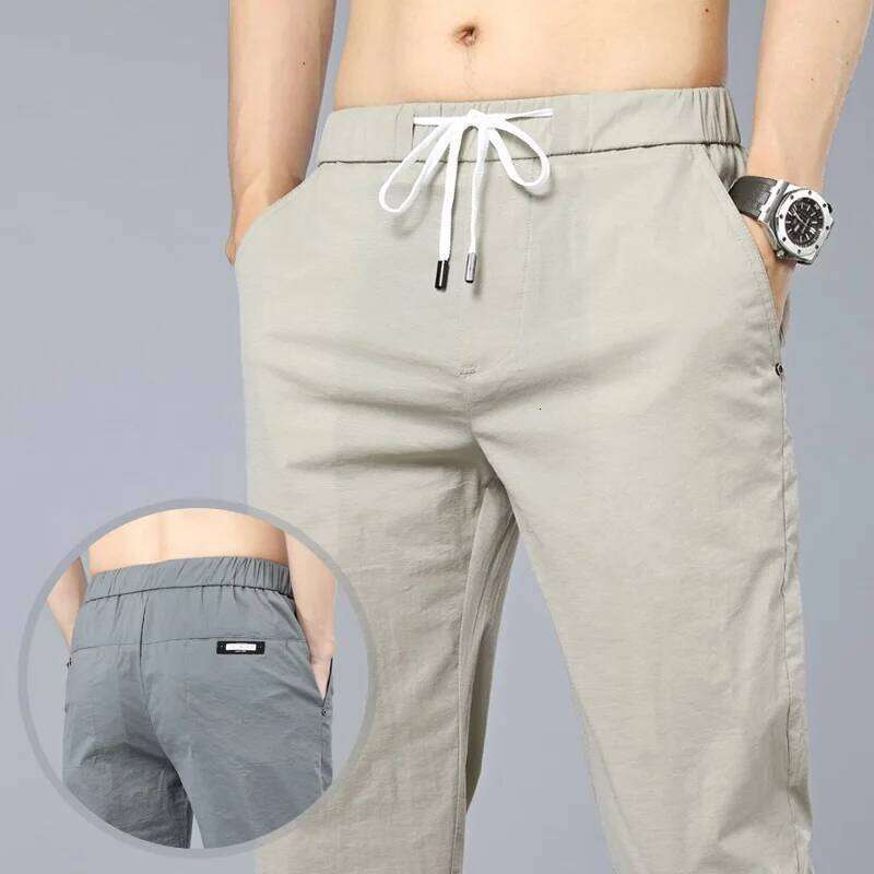 Good Quality High Stretch Men's Slim Casual Pants Summer Thin Breathable Cotton Quick Dry Elastic Waist Work Trousers Man 28-38 W260624