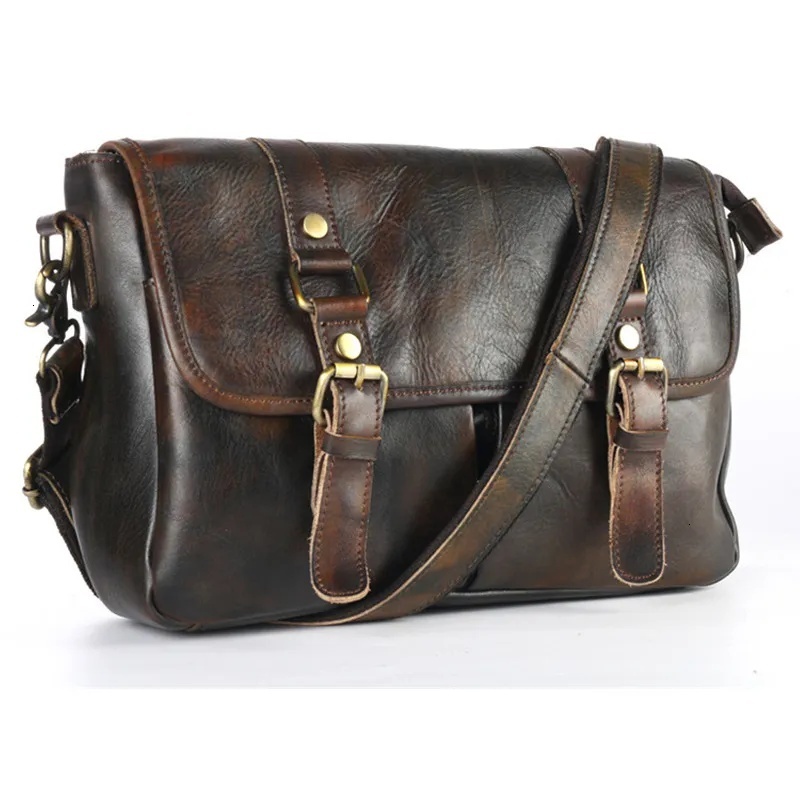 Retro Vegetable Tanned Leather Men's Messenger High Quality Top Layer Cowhide Male's Hand Painted Shoulder Bag A191-image-1111949403