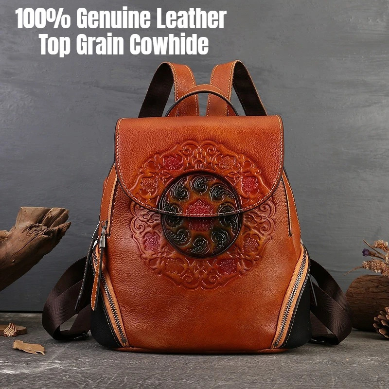 Genuine Leather Backpack for Women Man Unisex Vintage Travel College Student Rucksack VegetableTanned Soft Daypack 260615