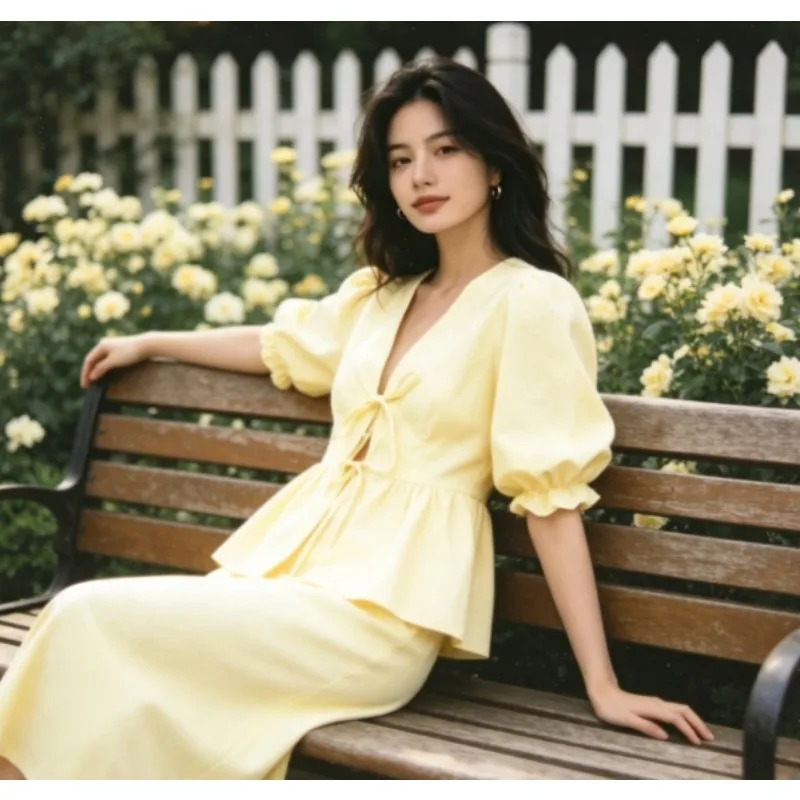 Womens 2026 Spring Summer Puff Sleeve V Neck Tie Front Top and High Waist Skirt Set Casual Two Piece Outfit 260623