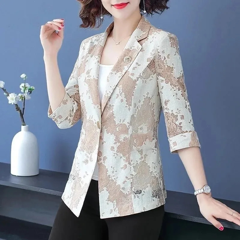 Womens Lace Floral Blazer 34 Sleeve Elegant Casual Lightweight Suit Jacket For Middle Aged 260624