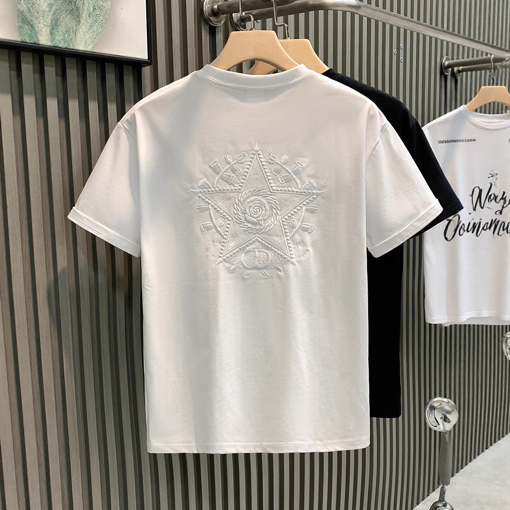 Trendy And Popular Design Light Luxury Men's Summer Embroidered Short-Sleeve T-Shirt, Fashionable American High Street Style