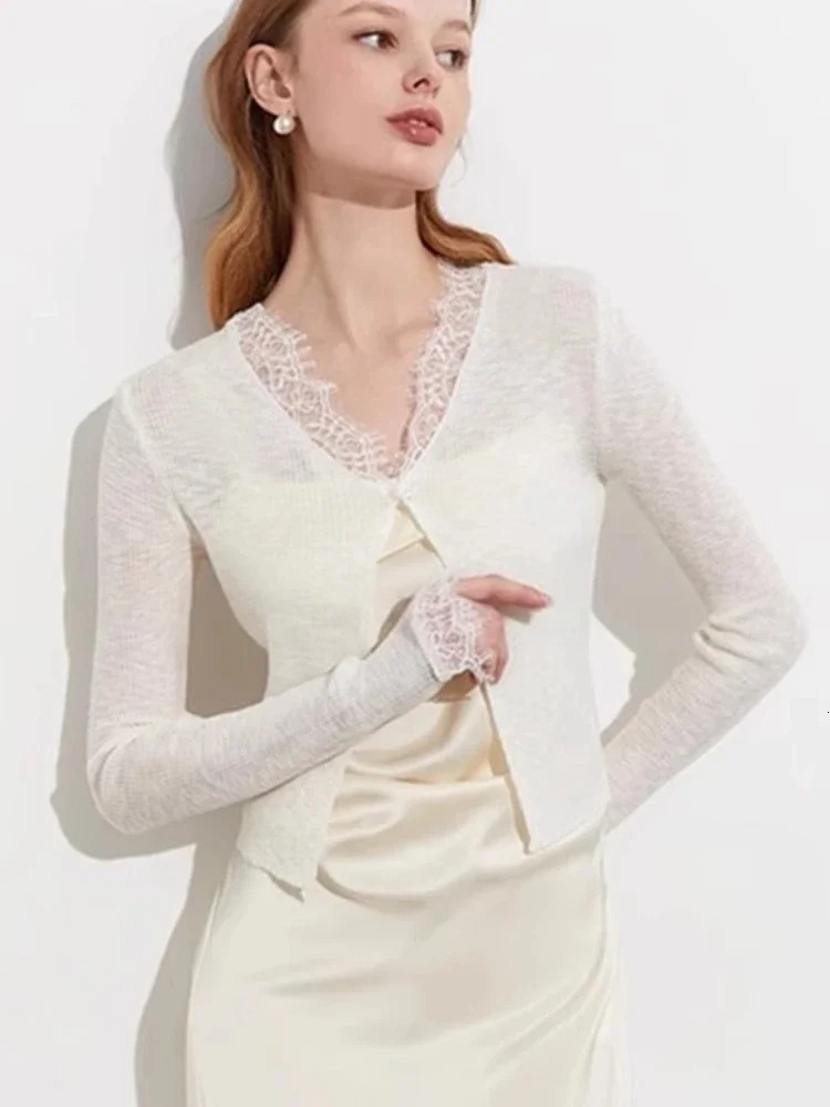 Summer Thin Casual Solid Lady Sunproof Cardigans Korean Long Sleeve Cardigan Lace Trim One Button Crop Top Women Knit Sweater 260623