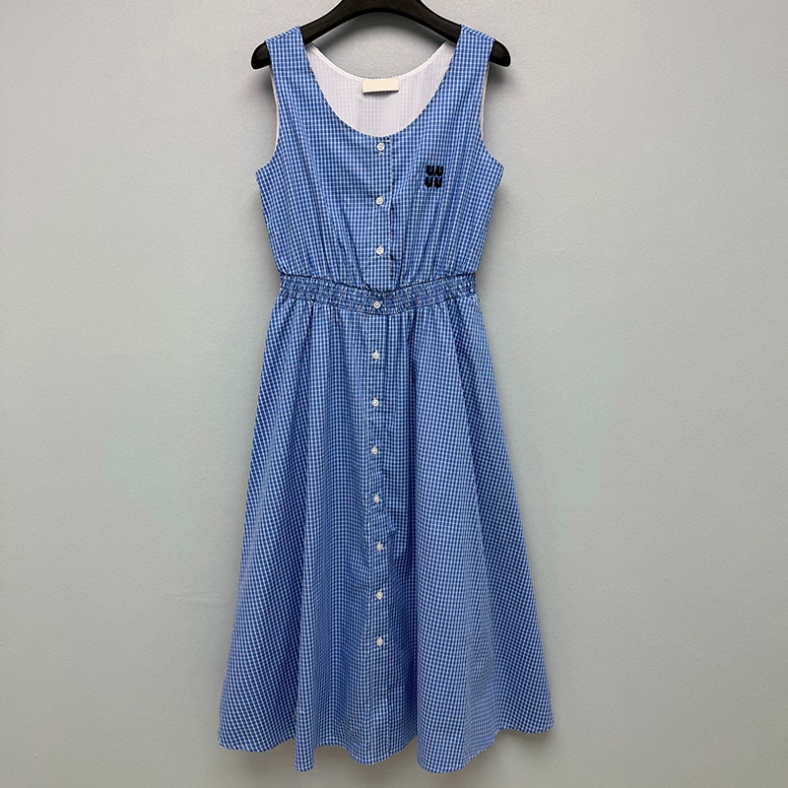 Luxury Plaid Sleeveless Dress Women Buttons A Line Ruched Fitted Casual Dresses Stylish Elegant Beach Skirt
