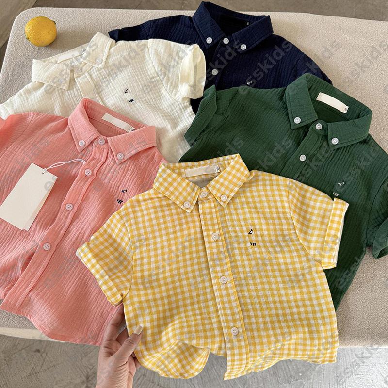 Toddler Short Sleeve Button Down Shirt Kids Designer Clothes Boys Girls Collared Crinkle Blouse Embroidery Gingham Plaid Top For Kid Summer Daily Sc