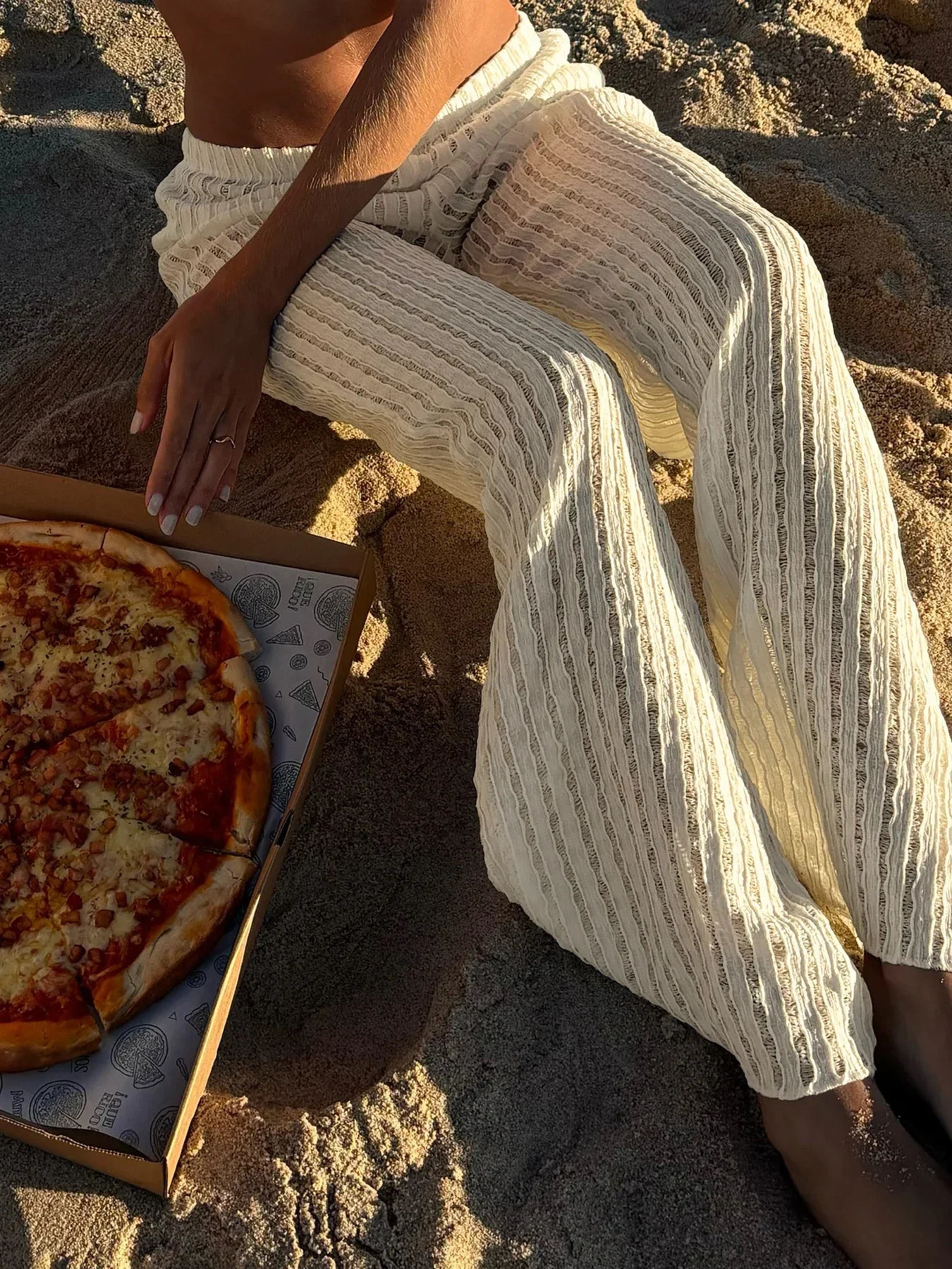 Beachwear Hollow Out Knitted Casual Pants White Low Rise Loose Straight Pants y2k Aesthetic Women Holiday Style Trousers 260623