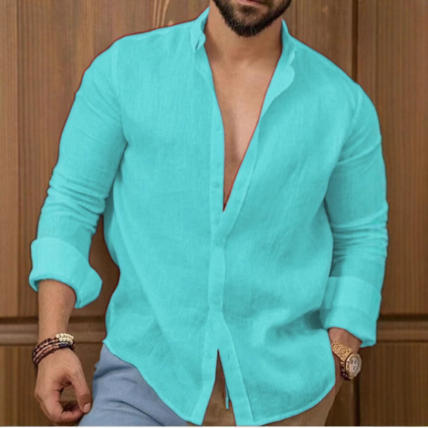 New Cotton Linen Solid Color Men's Fashion Shirt Youth Casual Long Sleeve