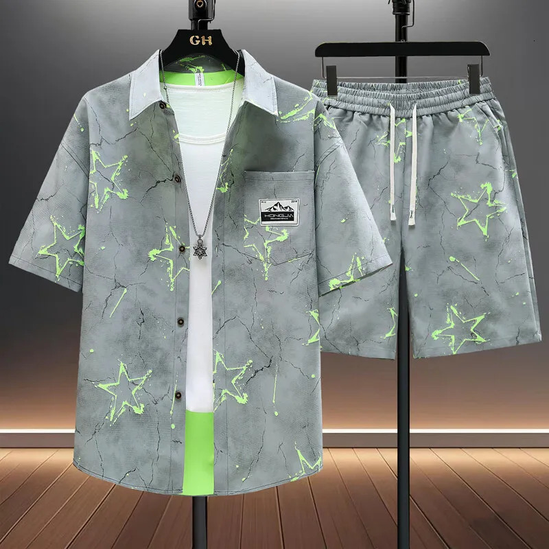 Shirts shorts 2025 summer Sportswear Mens fashion short sleeve print Sets Male shirts and Casual Two Piece 260613