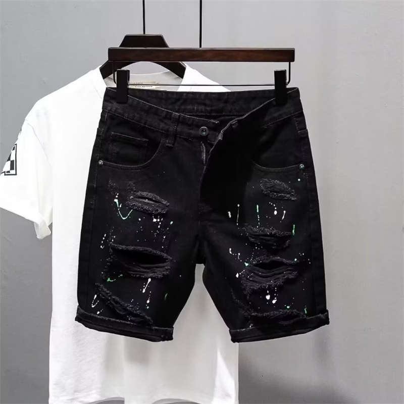 Summer y Kpop Mens Y2K Streetwear Ripped Jeans Trendy Dotting Ink ner Distressed Casual Boyfriend Black Denim Shorts y260609