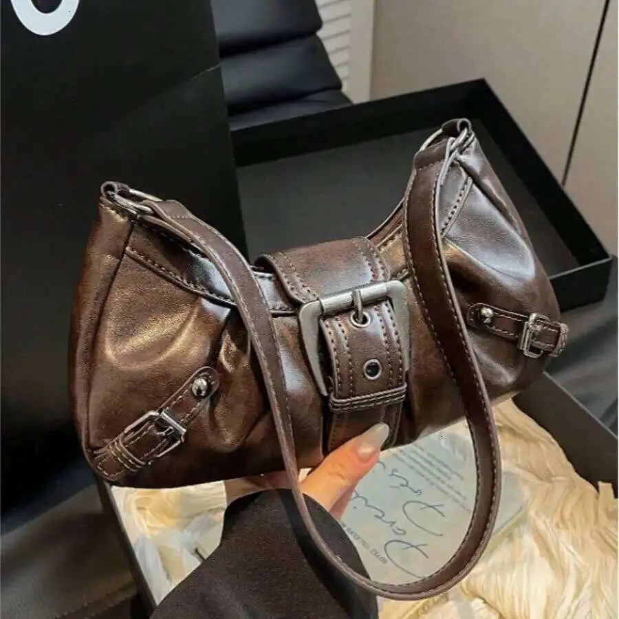 Y2K retro soft matte leather motorcycle with studs straps and pleated cloud decoration can be worn as a shoulder bag or A212