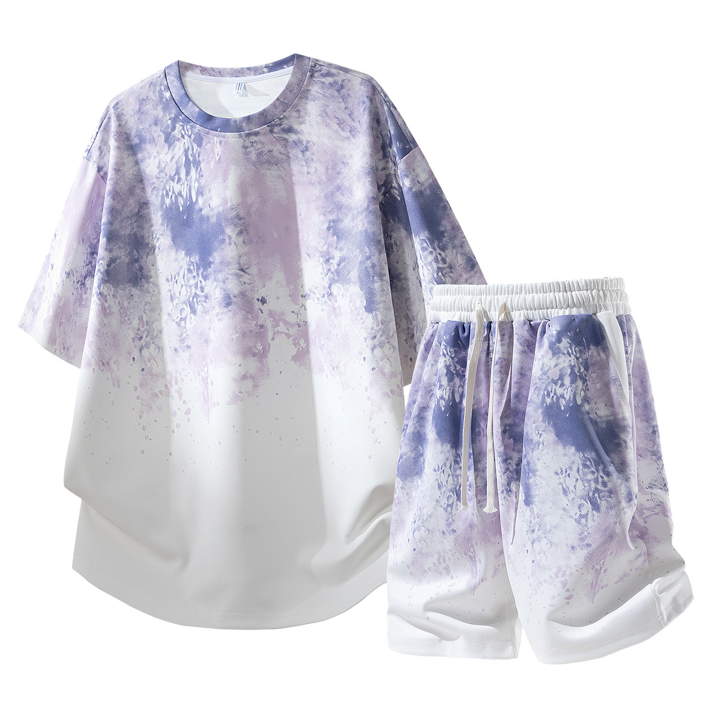 Sportswear T Shirt Shorts Plus-Size Tie-Dye Suit For Men, Summer Thin Gradient Loose Short-Sleeve Shorts, Extra-Large Casual Men's Two-Piece Se