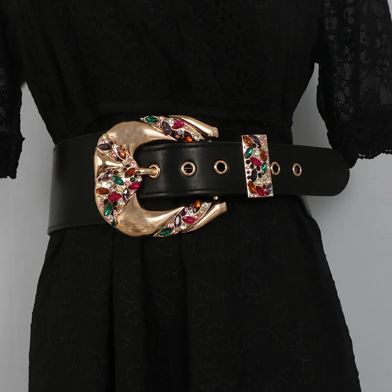 y retro color rhinestone zircon metal belt niche elegant fashion leather wide belt women down coat skirt accessories 260624