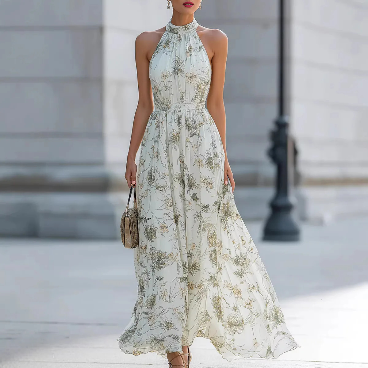2026 Summer Womens Style Halter Neck Floral Dress French Waist Swing 260624