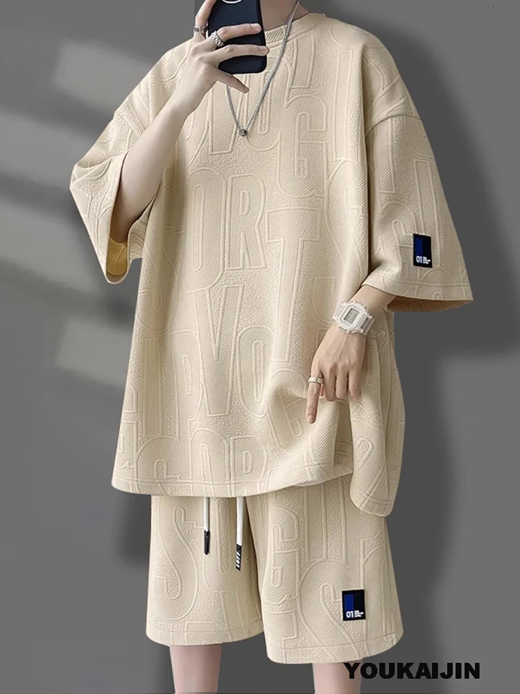 Mens Korean Summer Suit Korean Casual T-shirt Shorts Suit Mens Tracksuit Solid Color Tracksuit Loose Suit Plus Size 5XL 260622