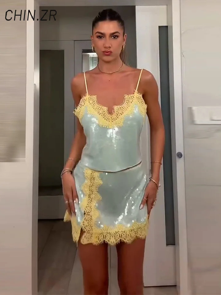 Sexy Lace Sequined Womens Skirt Sets V-neck Backless Cropped Sling Tops Mini A-line Skirt 2026 Summer Lady Beach Party Suits260622