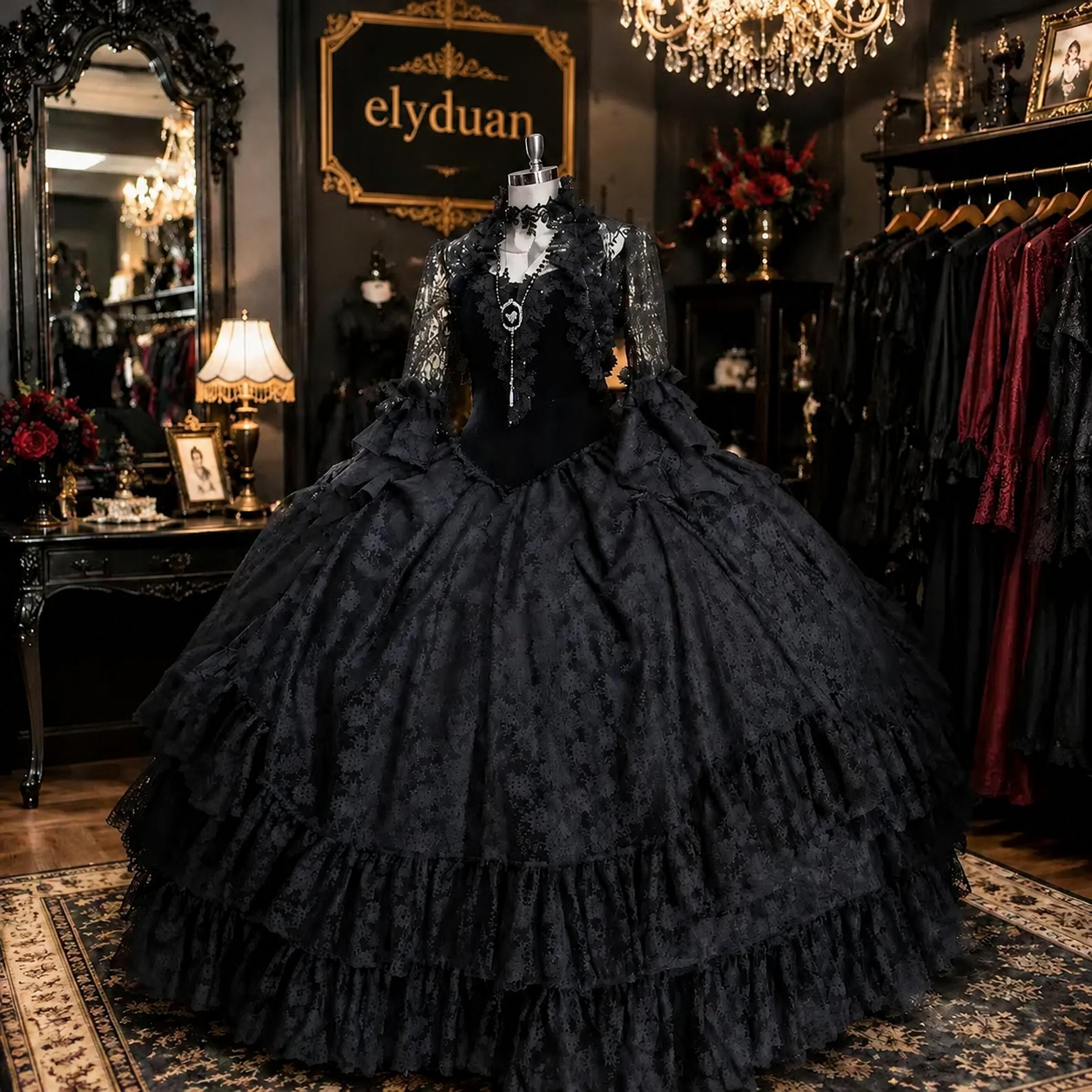 Gothic Black Victorian Lace Prom Dresses With Wrap Floor Length Ball Gown 1860s Vintage Costume Ruffles Medieval Evening Gowns Women Halloween Masqu