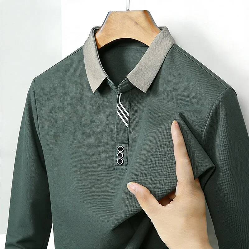 Casual Business Men's brand Lapel polo Shirts Long Sleeve Contrast Collar Striped Detail Daily Office Wear