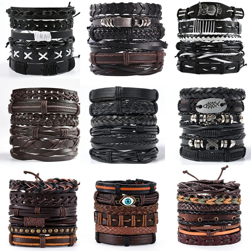 Vintage Leather Bracelet For Men Woven Set Ornament Bracelet Punk Style Mens Combo DIY Multi-layer Charm Bracelet Jewelry260624