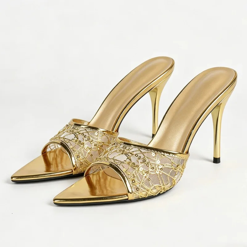 Gold gemusterte Mesh-High-Heels-Sandalen für Damen, Sommer, sexy, spitze offene Zehen, Hausschuhe mit Absatz, modisches Bankettkleid, Stiletto-Sanda