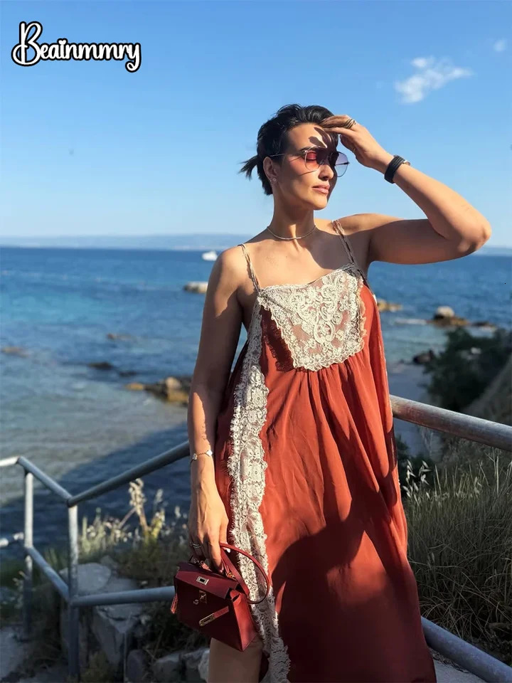 Women Rust Lace Patchwork Cami Midi Dress Boho Square Neck Sleeveless Loose Flowy Casual Dresses Ladies Summer Vacation Outfits 260624