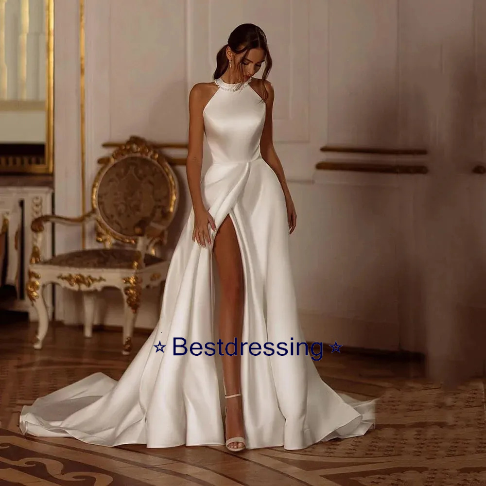 Modern A Line Wedding Dress Halter Neck Bow Sexy Side Split Satin Bride Gowns Robe Mariage Casamento Vestidos De Novia 0528 Bd624