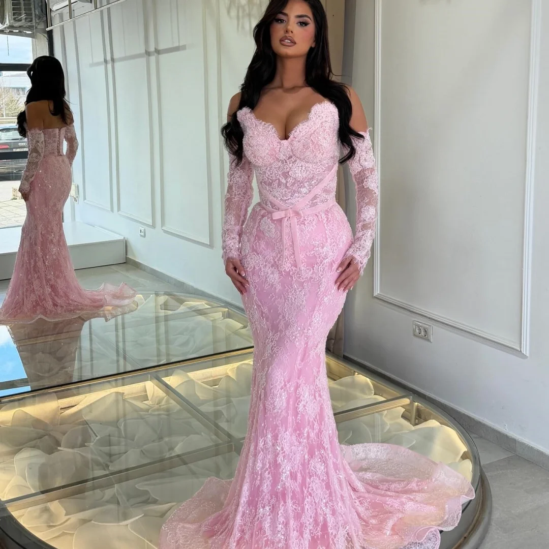 New Pink Mermaid Prom Pageant Dress V-neck Lace Corset Bodice Detachable Long Sleeves Evening Birthday Formal Party Gowns Robe De Soriee