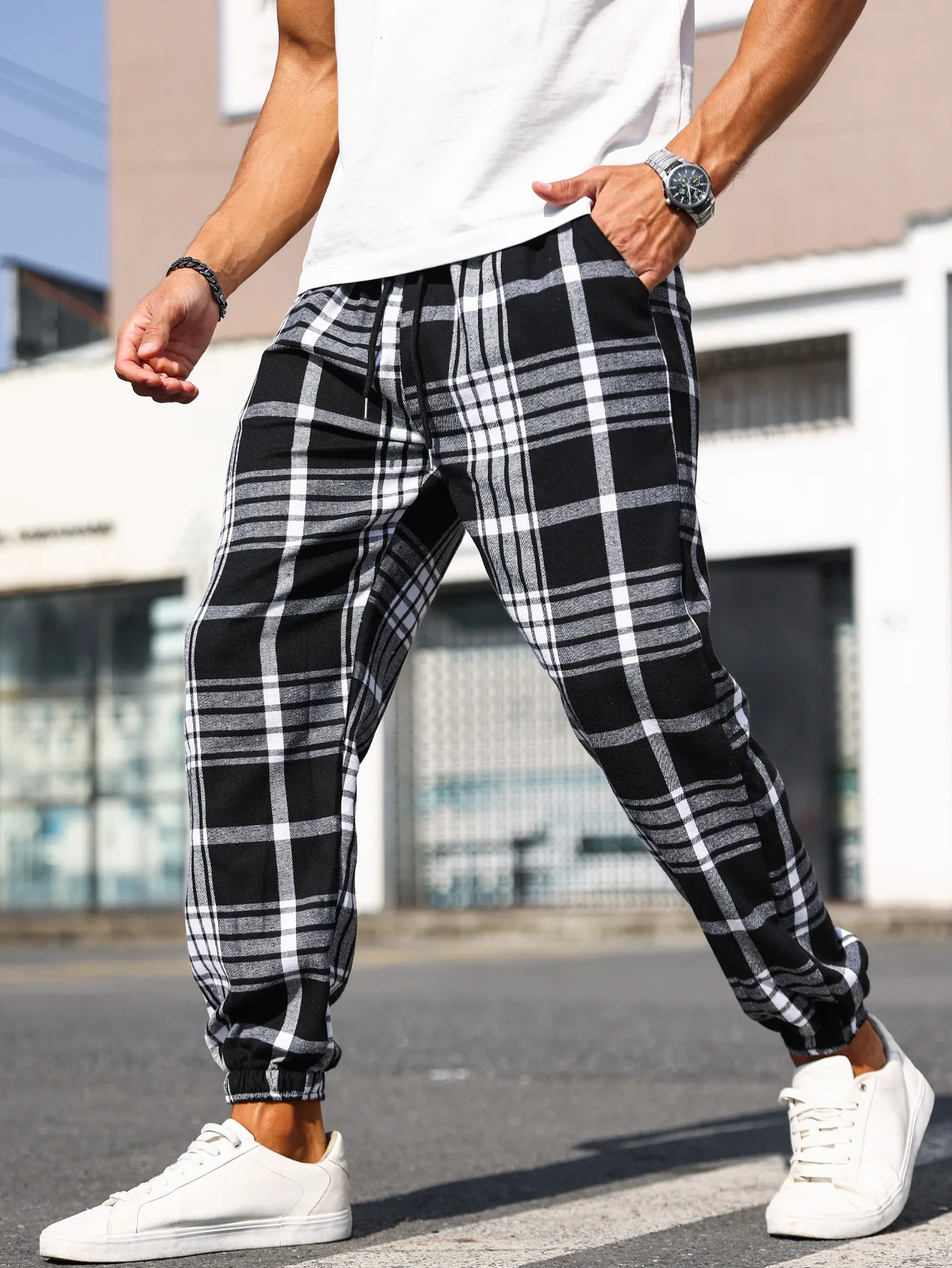Mens Plaid Print Cuffed Casual Trousers Comfortable Sleepwear Pajamas Pants for Relaxed Style 260622