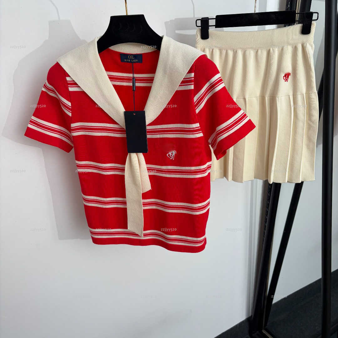 Brand V-neck women dress set summer sets for women women designer clothes embroidered striped short sleeved knitted shirt pleated skirt A811X16N305