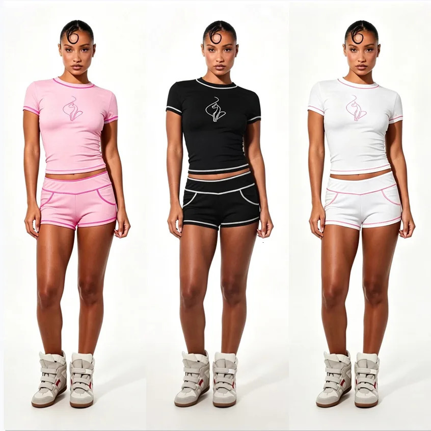 Crop Tops 2 Piece Set Summer Outfits Y2K Streetwear Women Club Korean Fashion Sexy Striped Two Piece Pant Short Sets 260624