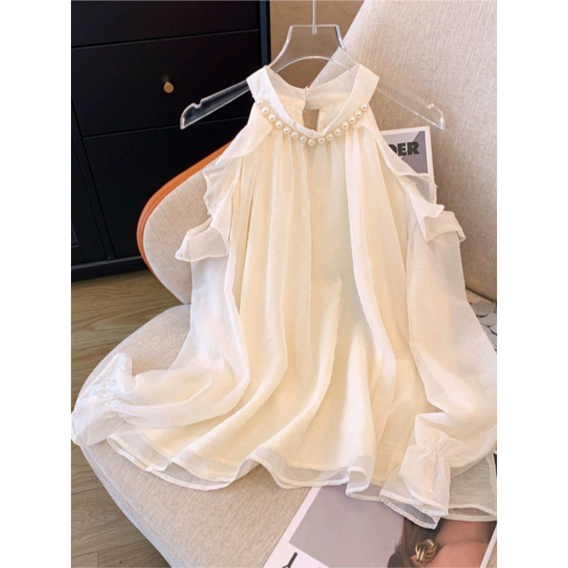 Designer Luxury 2026 French-style Pearl Halter Neck Off-shoulder Chiffon Blouse For Women, Autumn Bell-sleeve Long-sleeve Shirt, Loose Stylish, Yout