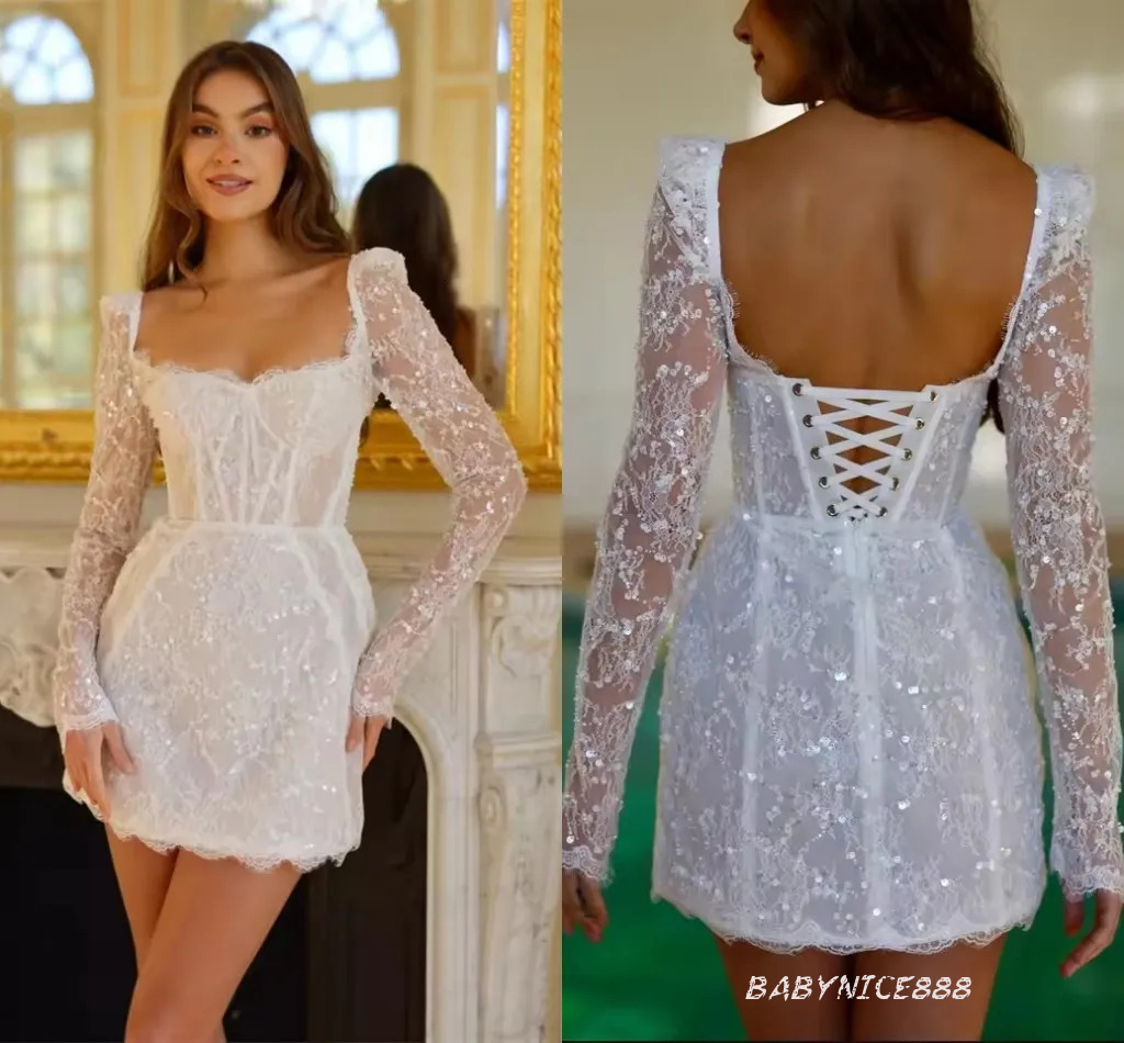 Designer Shiny Sequined Short Wedding With Long Sleeves Square Neck Modern Bridal Gowns Sheath Lace Up Back Bride Reception After Party Dress Lg0654