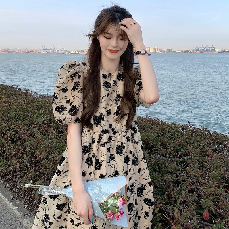 Q0448 French floral temperament fashion bubble sleeve dress women's summer new high waist thin versatile medium and long dress women's clo