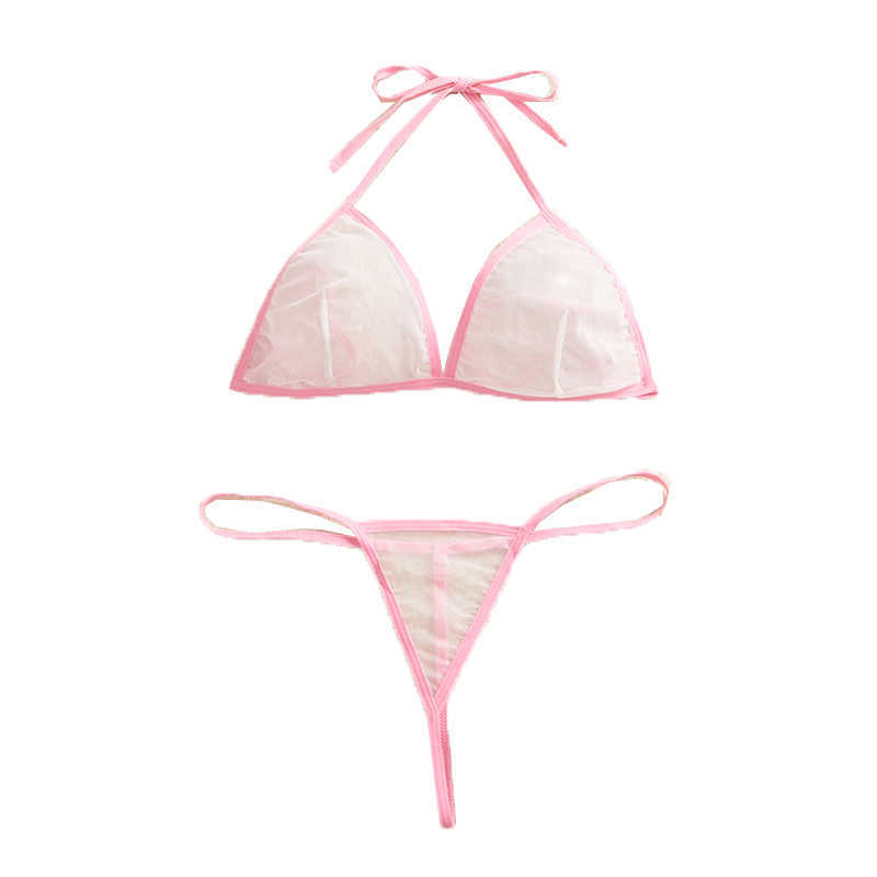 Apparel Exotic Sexy Transparent Womens Deep V Bikini Underwear Set Color Blocked Mesh HangNeck Strap Erotic Two-piece Bra D260625
