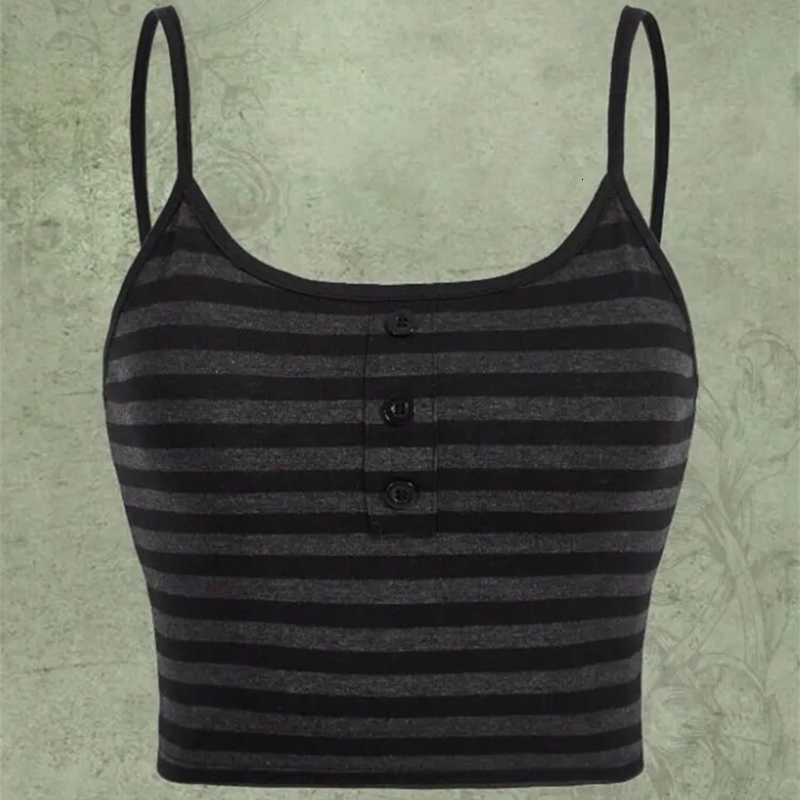 Goth Punk Striped Button Cami Top Women Summer Y2K Clothes Grunge High Street Sleeveless Spaghetti Strap Crop Streetwear y260618banjia