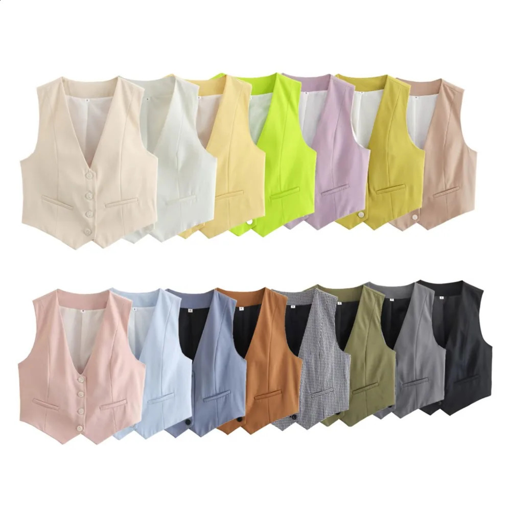 Cropped Waistcoat Sleeveless Versatile V Neck Button Womens Vest - Solid Color Outwear Gilet For Casual Daily Wear Chic Tops 260624BJ