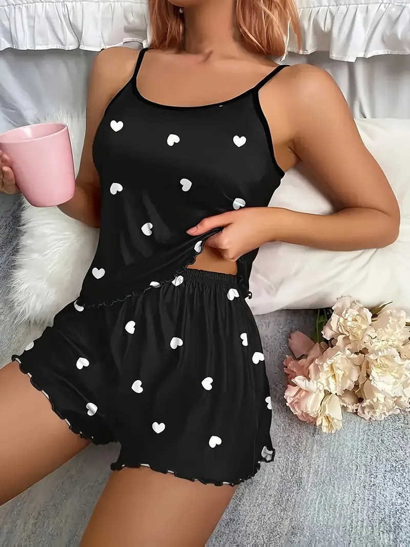 Two-Piece Summer Sleepwear Pajama Womens Sets Suspender Heart Printed Top and Shorts Casual Home Clothes Loungewear M260625