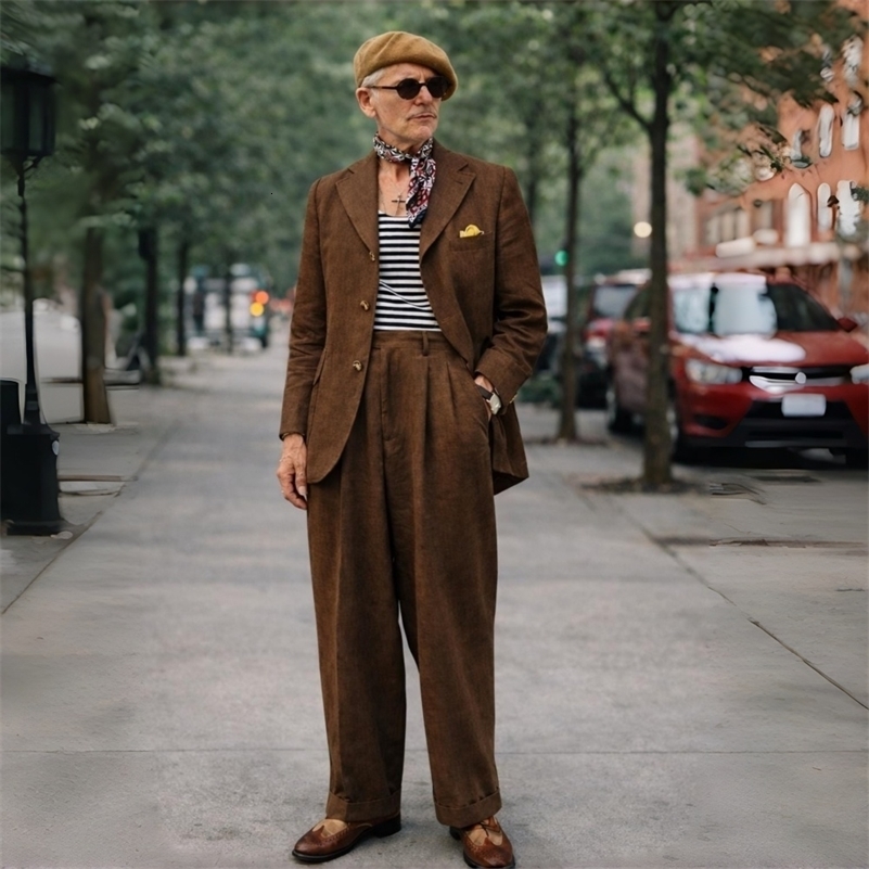 Brown Linen Prom Men Suits 2 Pieces 1970s For Summer Vintage Groom Wedding Tuxedo Blazer Trousers Set men suit 260624BJ