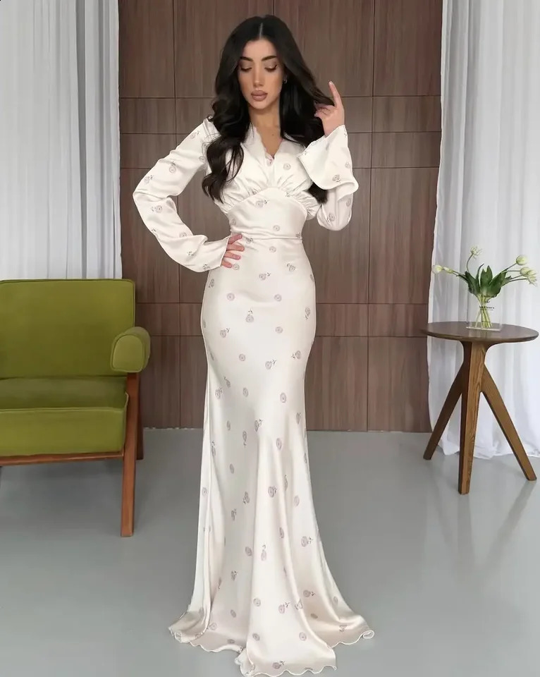 2026 Elegant Woman Polka Dot Satin Maxi Dresses Sexy Vneck Long Flare Sleeve Mermaid Dress Lady Summer Evening Party Gowns 260623