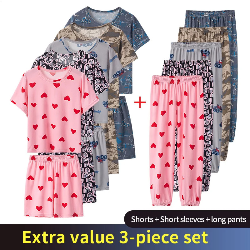 Conjunto de pijamas cómodos y finos con aire acondicionado de tres piezas para niños, pantalones y pantalones cortos de verano de 3 piezas260625
