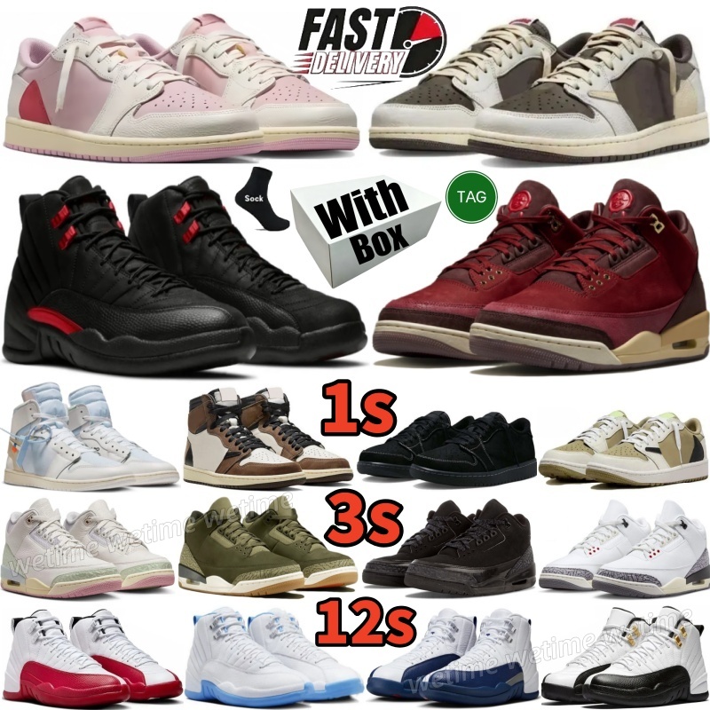 Original Box Designer Shoes Basketball Shoes 1s 3s 12s Reverse Mocha Tropical Pink Phantom Bin 23 Black Cat White Cement Bloodline Taxi Mens Womens