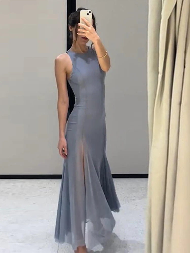 Elegant Maxi Dress Women Slim O-neck Sleeveless Mech Dresses Female Ankle-length Side Split Spring Summer Holiday Robe Lady 260625