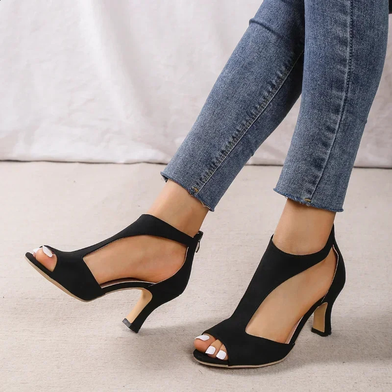 Summer Brushed Leather Fish Mouth Sandals Womens Back Zipper Sexy Solid Color Comfortable High Heel Single Shoes Women 260625