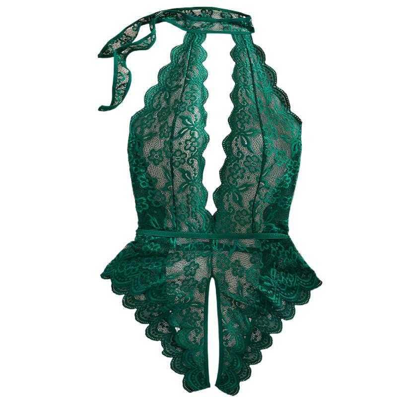 Perspective Sexy Lace Womens Underwear Set Exotic Pajamas Lingerie Deep V Hollow Tight Corset Crotchless Exposed Back Bodysuit D260625